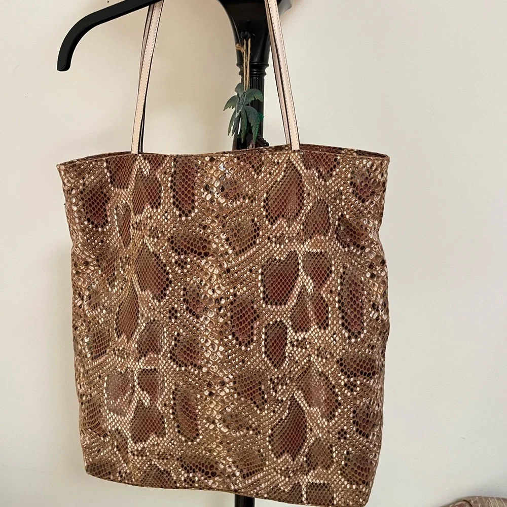 Sorial Metallic Brown Snake-Embossed‎ fabric Shoulder Tote leather straps